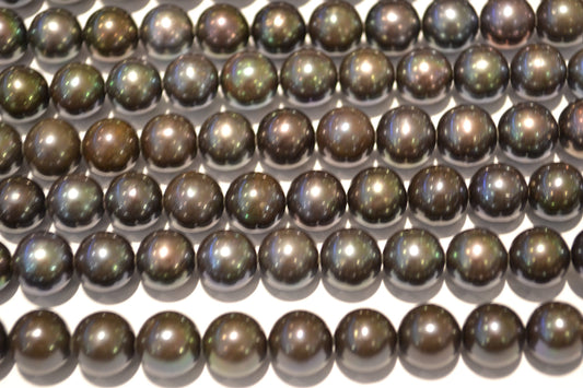 freshwater pearl strands: black purplish/greenish round shiny lustrous 9.5-10.5mm