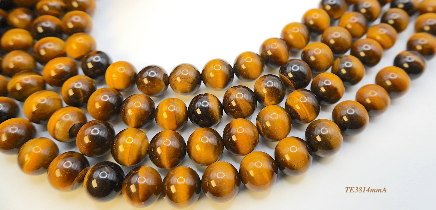 Tigers eye strands: Top grade natural brown round 14mm