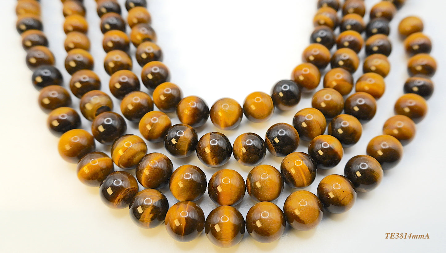 Tigers eye strands: Top grade natural brown round 14mm